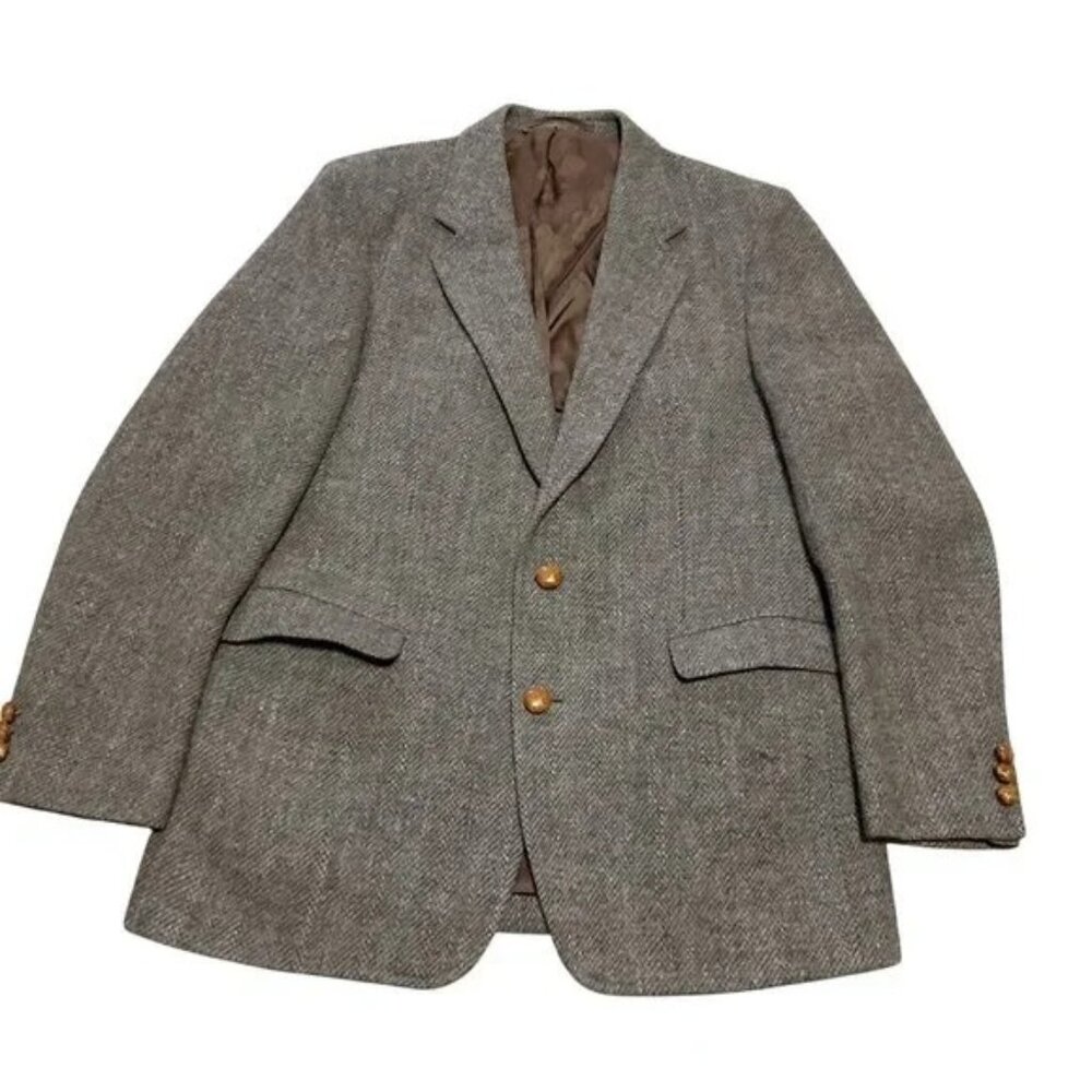 Vtg Harris Tweed Sport Coat Sz 42R Brown 2 Button Single Vent Partial Lined Mens